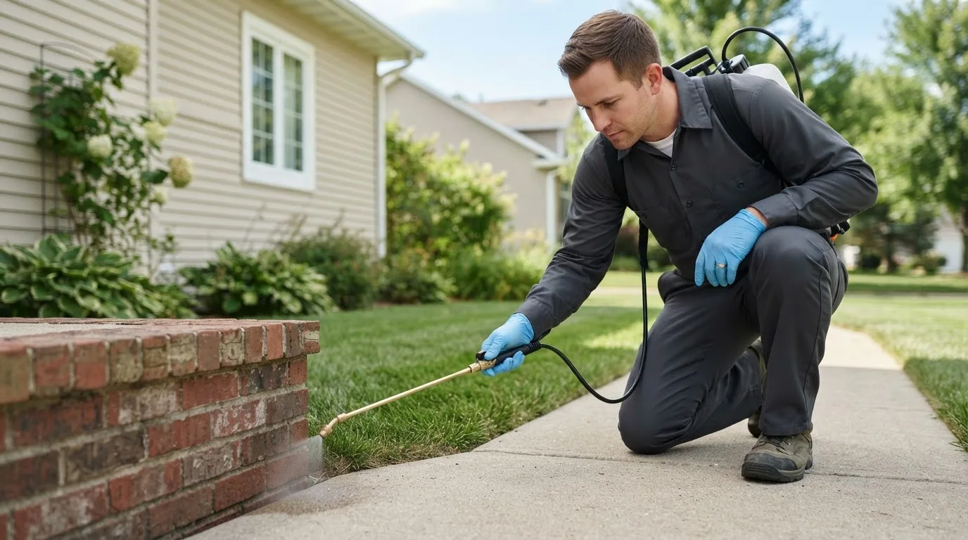 Pest control technician treating a home near New Martinsville, WV